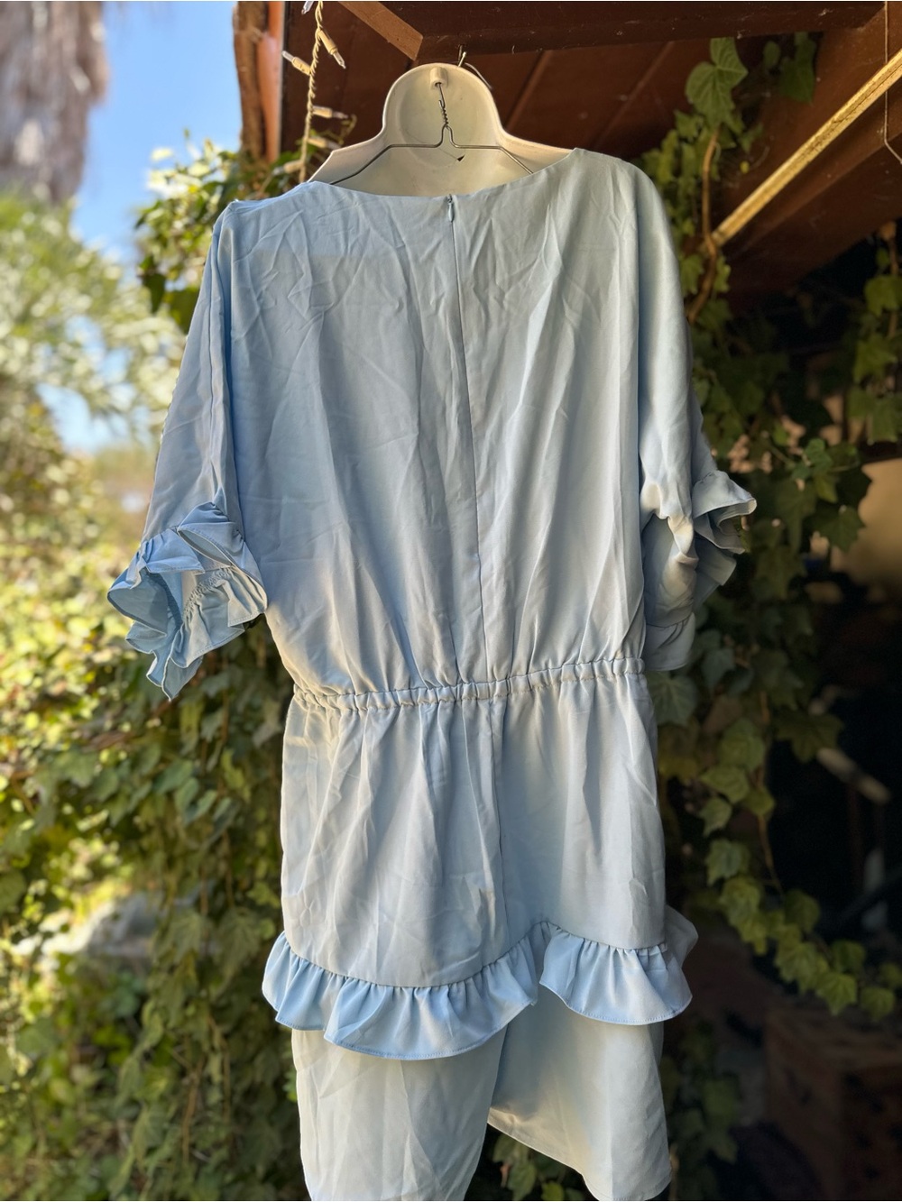Light Blue V-Neck Ruffle Drawstring Tunic - Picture 4 of 6